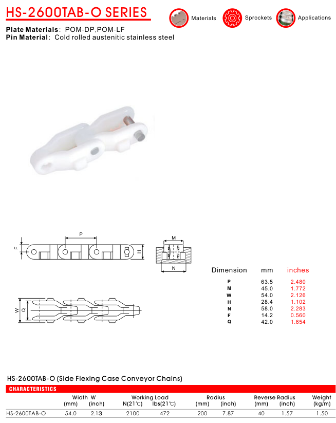 Цепь ящичная серии HS-2600TAB-O